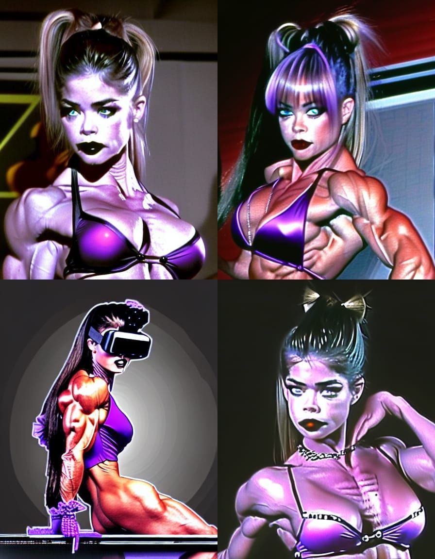 Gothic Bodybuilder in Purple Bikini, Japanese Illustration