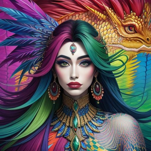 Dragon Scale Woman with Feathered Hair: Abstract Art