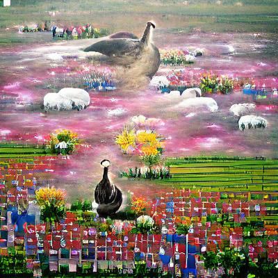Goose God in Flower Field, Acrylic Art