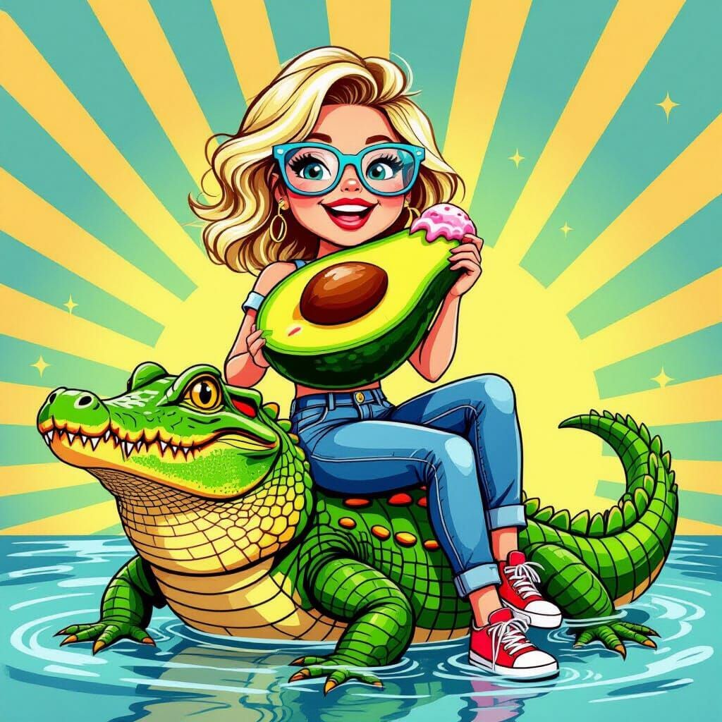 Avocado Character Riding a Crocodile with Strawberry Ice Cre...