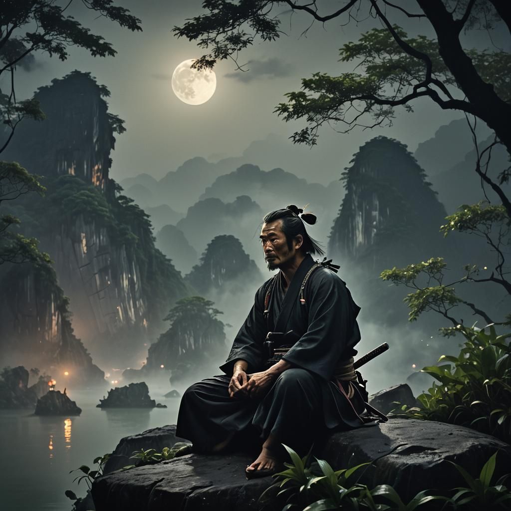 Battle worn samurai on a pitch dark night