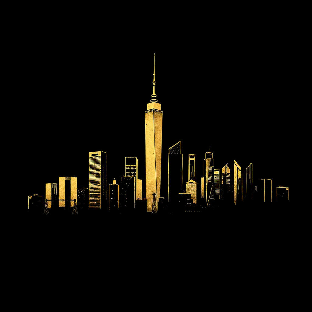 Golden Skyline in Sumi-e Style with Skyscrapers