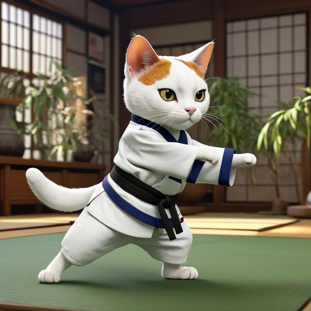 A nimble Japanese Bobtail cat with a white coat and calico patches is practicing martial arts in a dojo. The cat wears a...