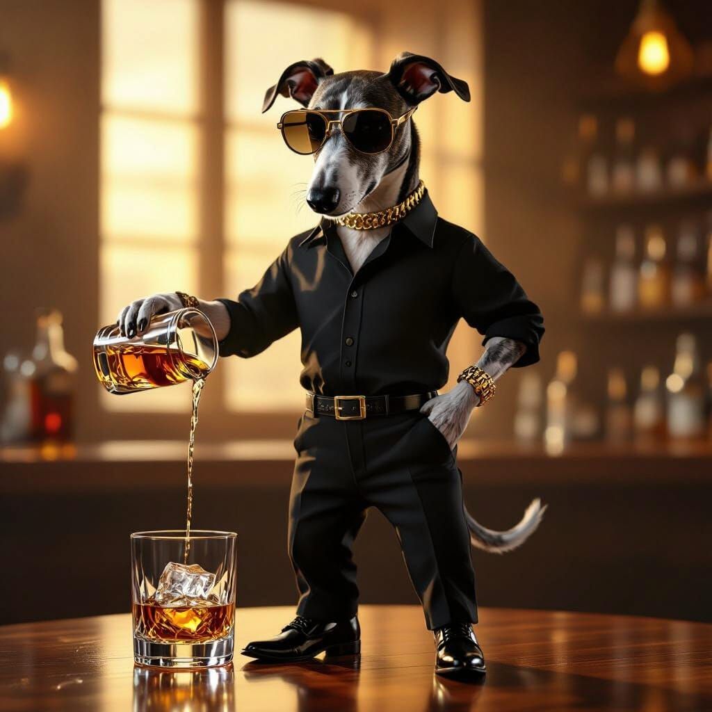 Photorealistic Greyhound Pours Ice into Whiskey Glass