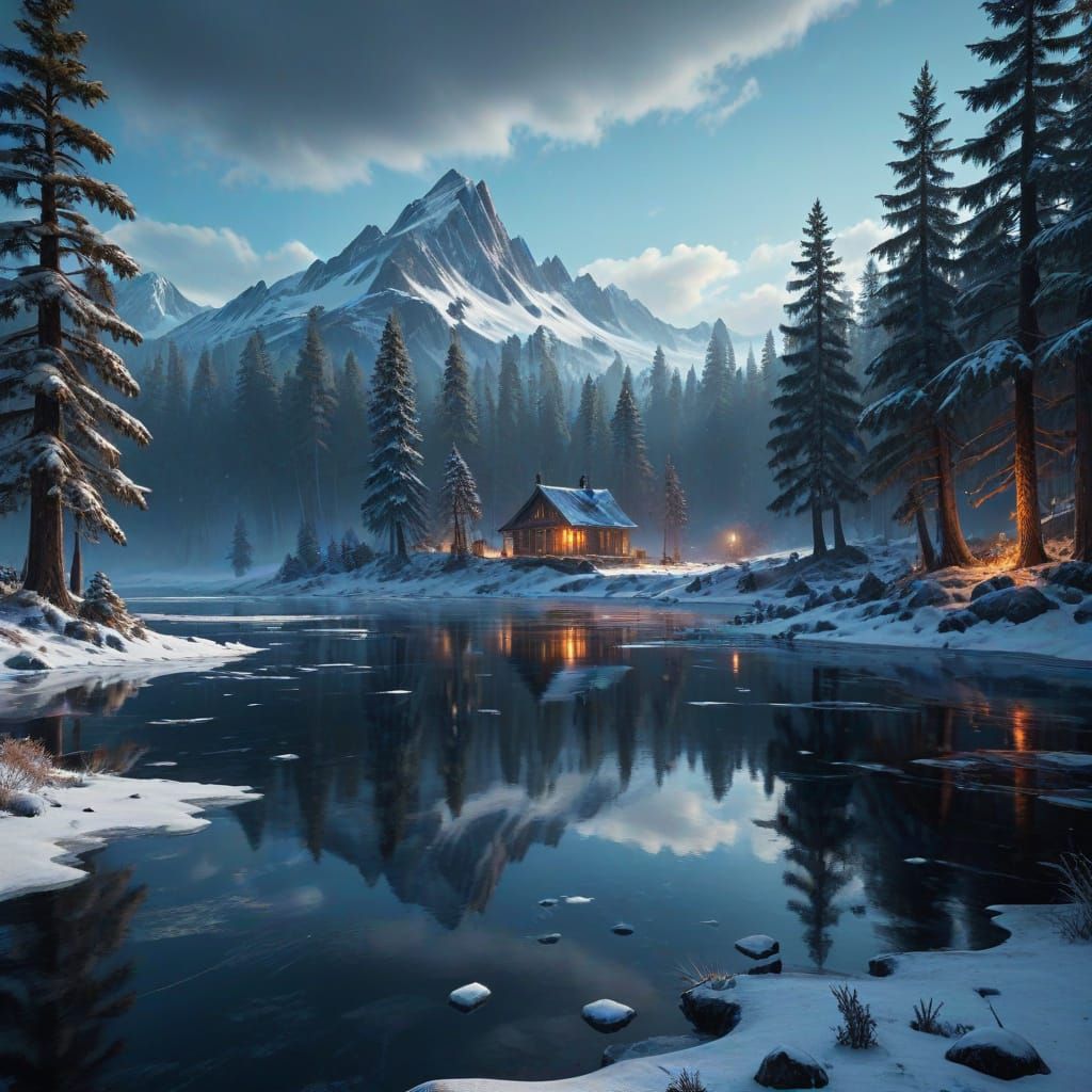 Ice Fishing at Twilight: A Winter Solitude Scene