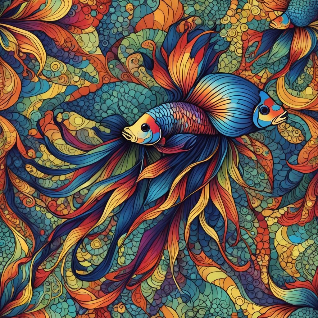 Rainbow Scaled Siamese Fighting Fish in Abstract Style