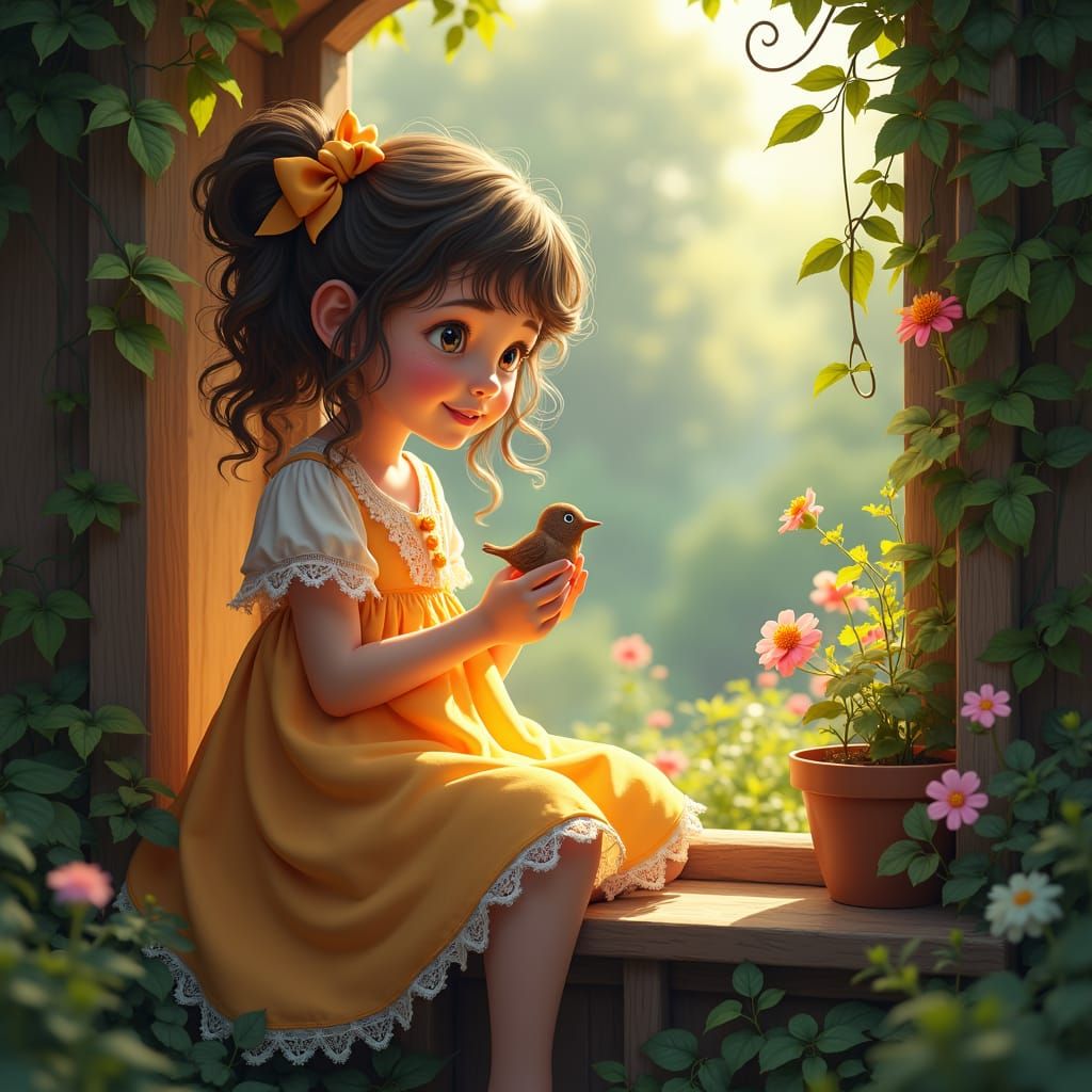 Girl on Cottage Window in Detailed Matte Painting Style
