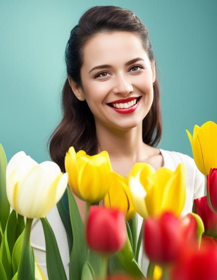 Smiling Lady in Yellow Among Red Tulips