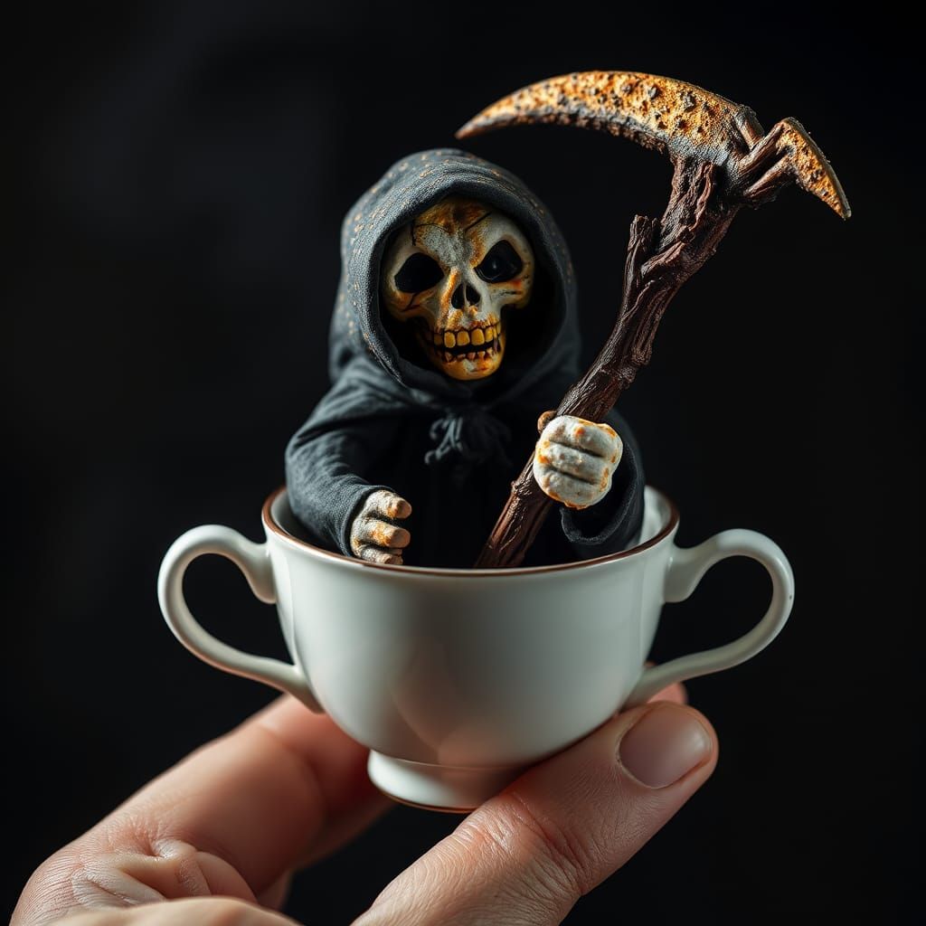 Marshmallow Grim Reaper in Teacup: A Surreal Scene