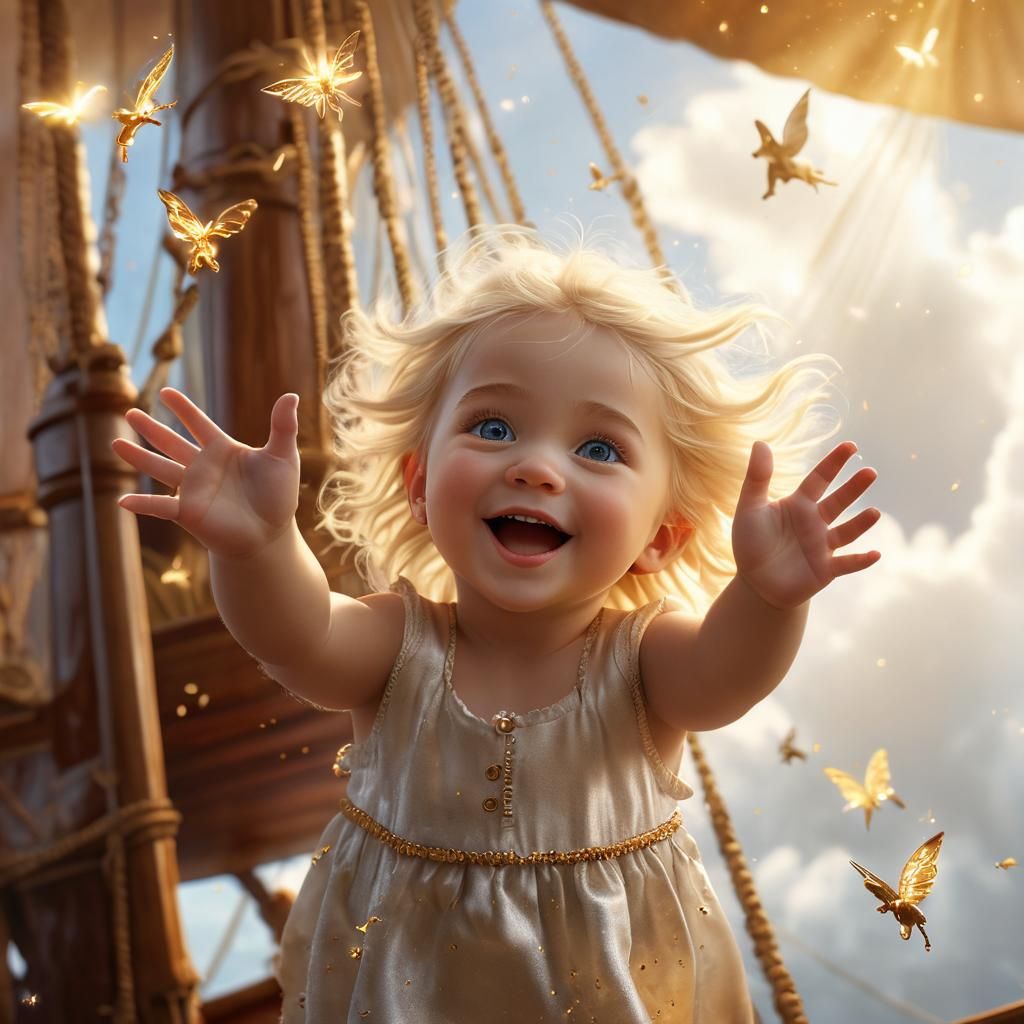 Blonde Baby Girl Lifted by Golden Fairies