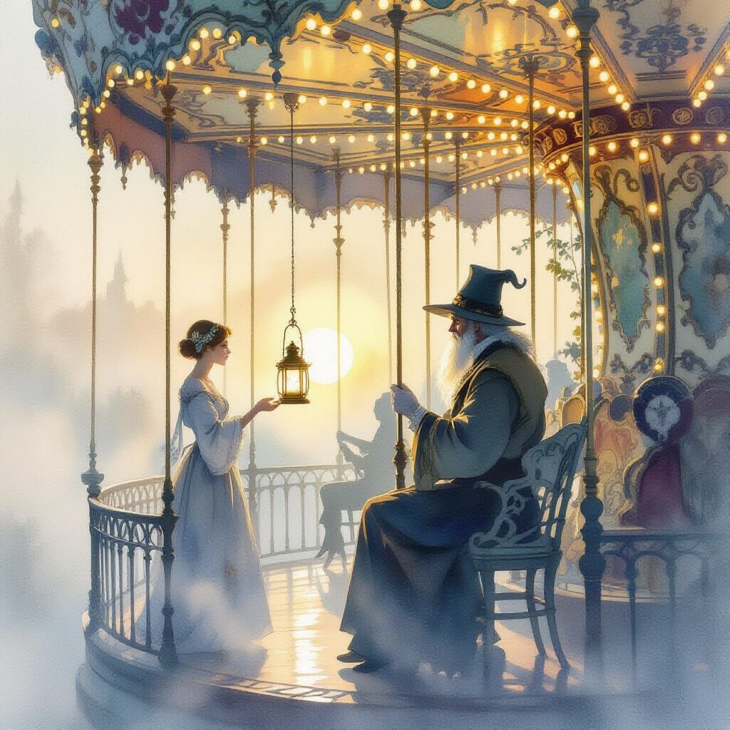 Moonlight Carousel Keeper Gathers Wonder in Misty Sunrise
