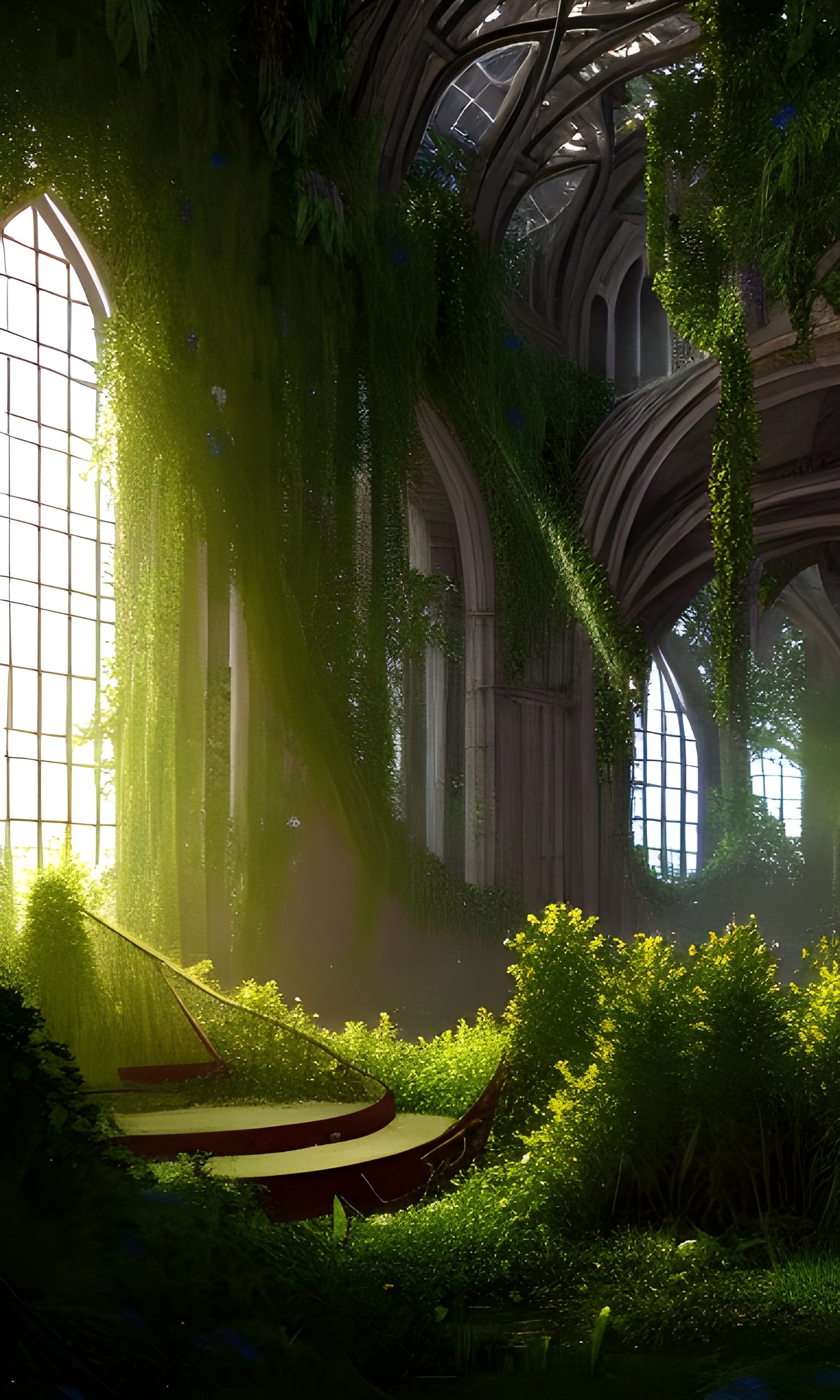 Hyper-Detailed Church Overgrown with Vines and Flowers