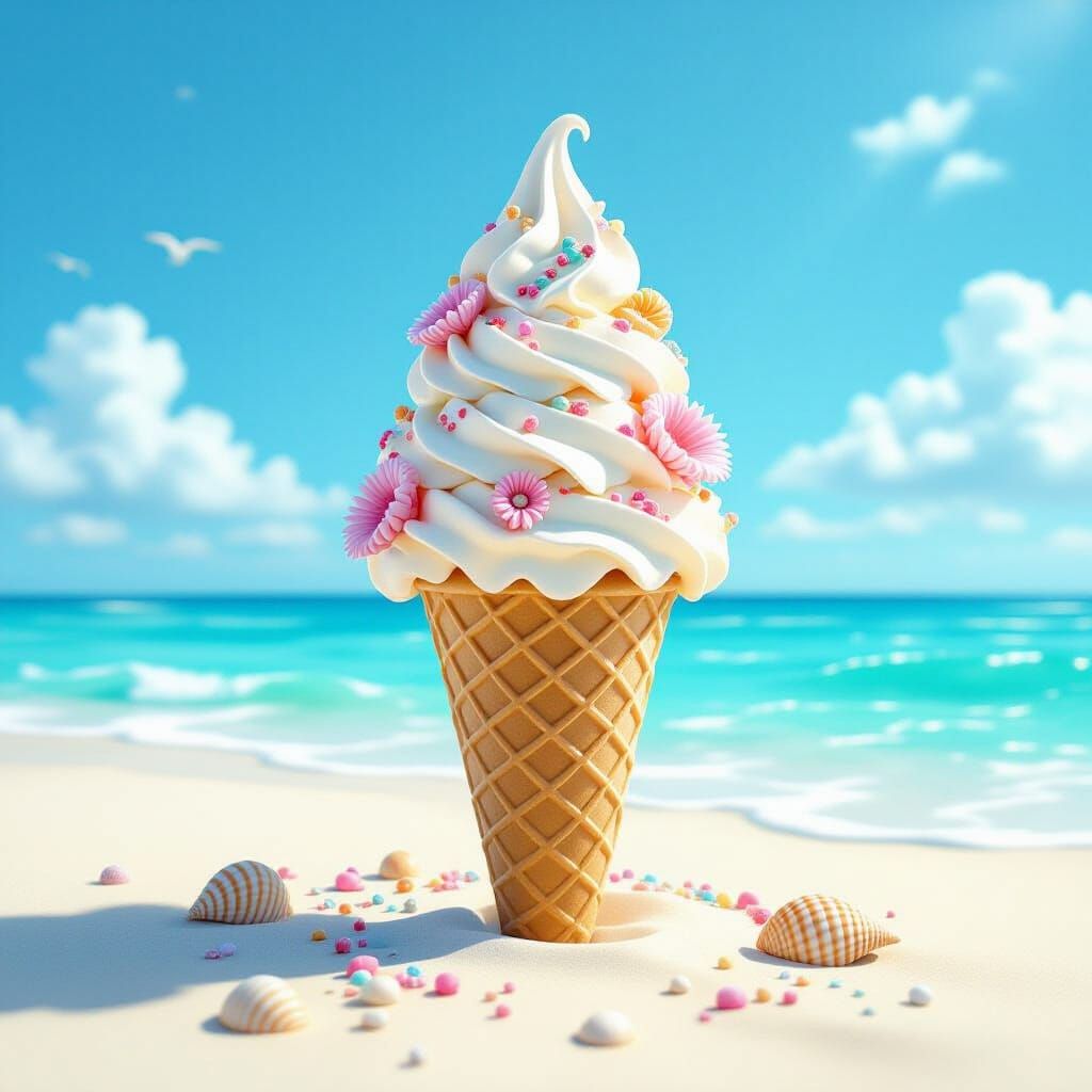 Coral Ice Cream Cone on a Beach Illustration