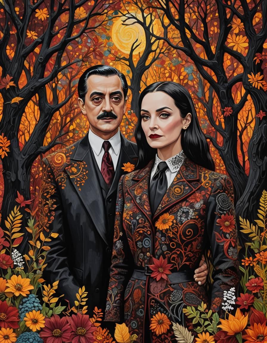 Morticia & Gomez  Addams    Fall  colors  mixed media painti...