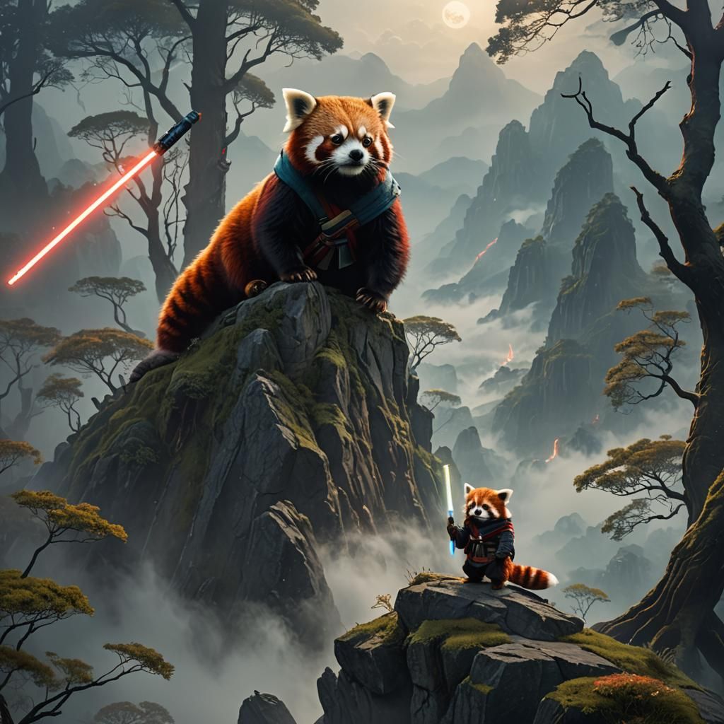 Red Panda Jedi Knight on Misty Mountain