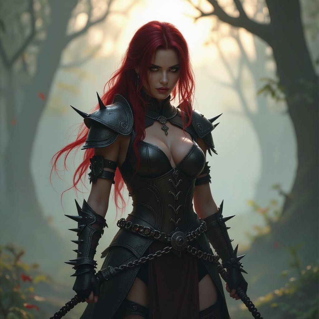 Dark Fantasy Warrior Woman Wielding Whip in Misty Glade