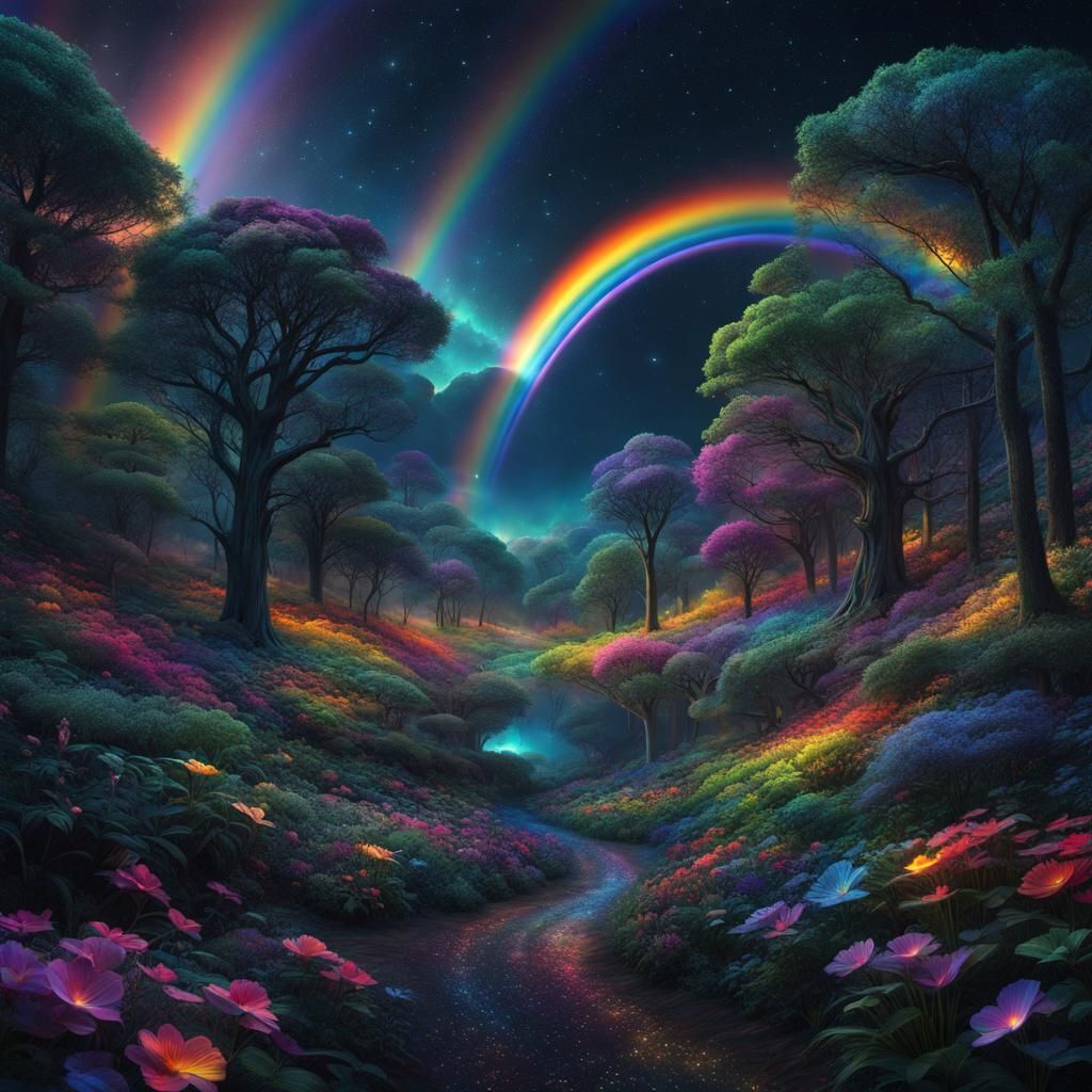 Abstract Rainbow Over Moonlit Grove in Digital Painting