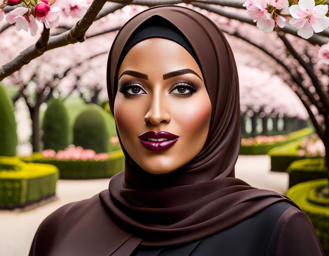 Curvy Hijabi Woman in Sakura Rose Garden Portrait