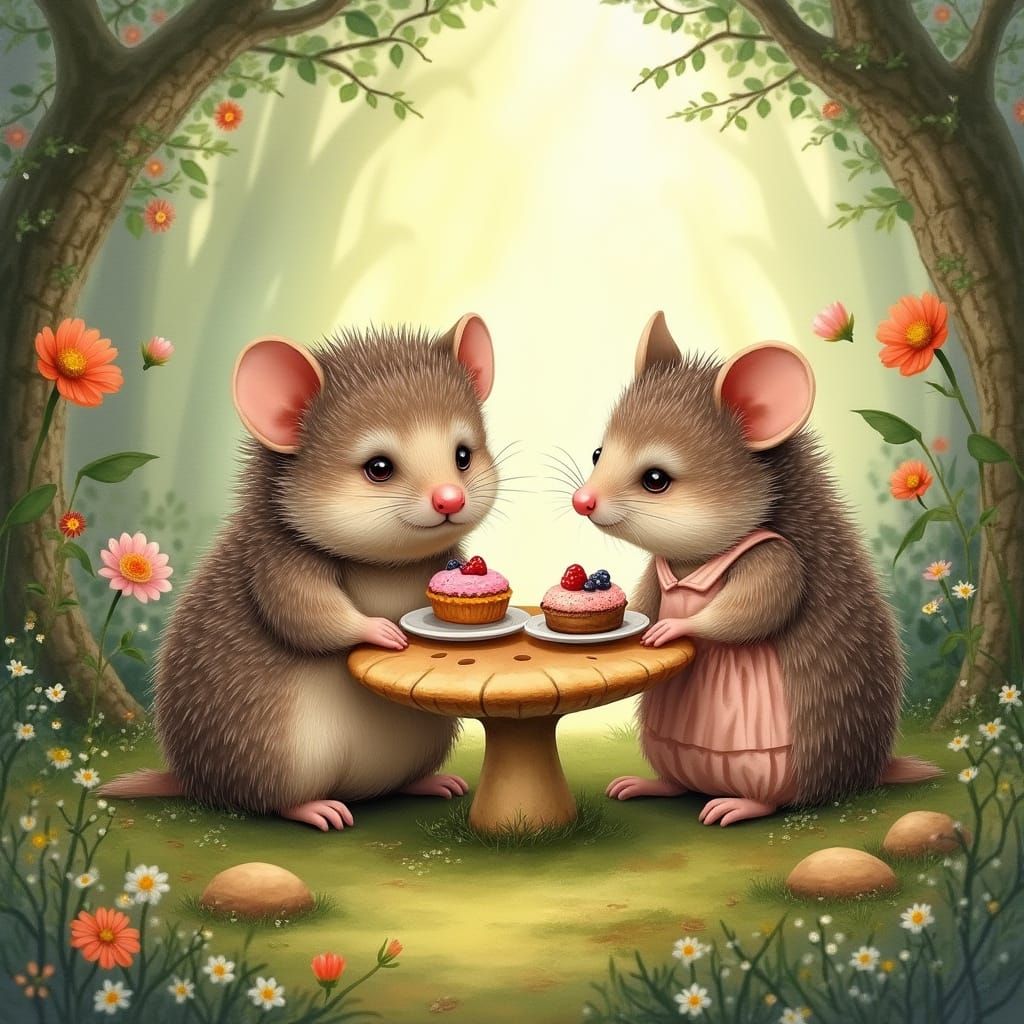 Whimsical Tea Party with Hedgehogs in Watercolor Style