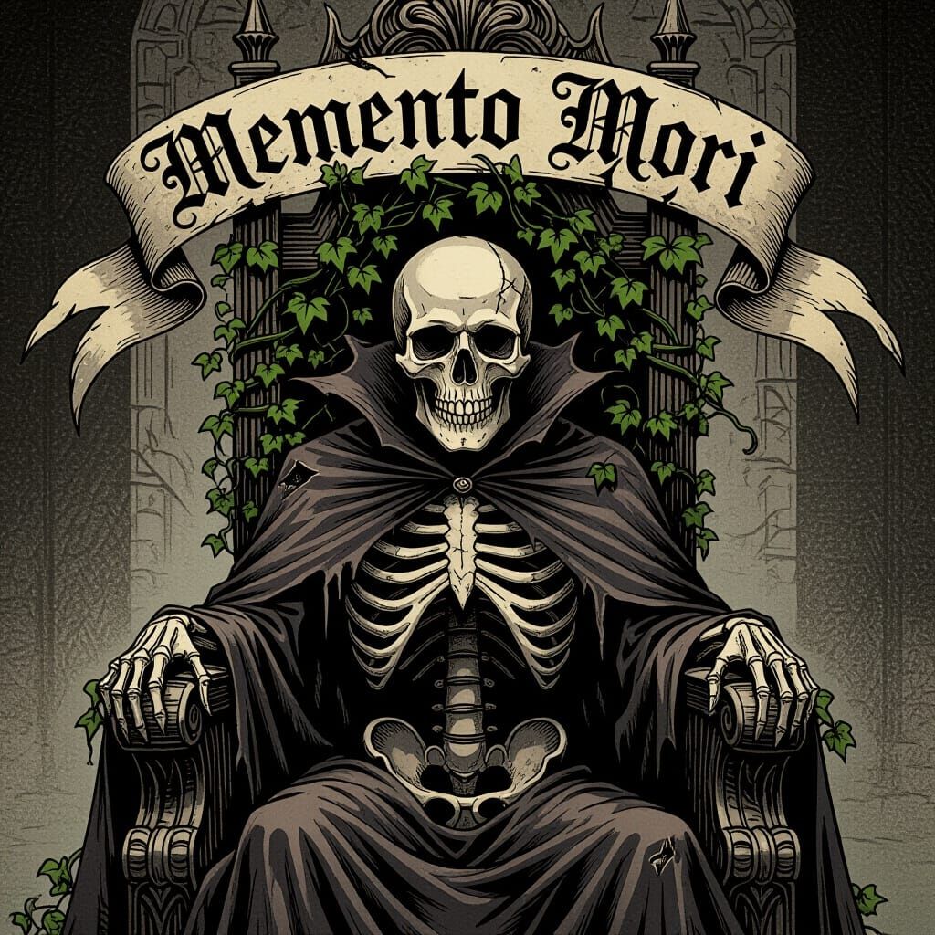 Vampiric Skull on Throne in Vintage Engraving Style