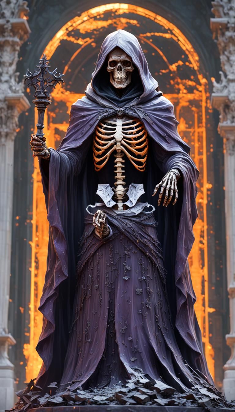 Orange Glass Skeleton Statue in Dark Fantasy Style