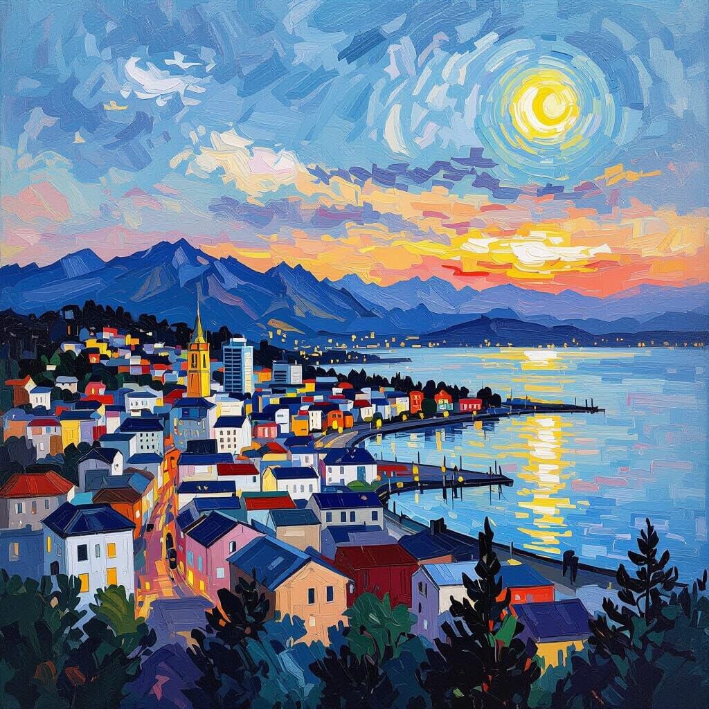 New Zealand Cityscape in Post-Impressionist Style
