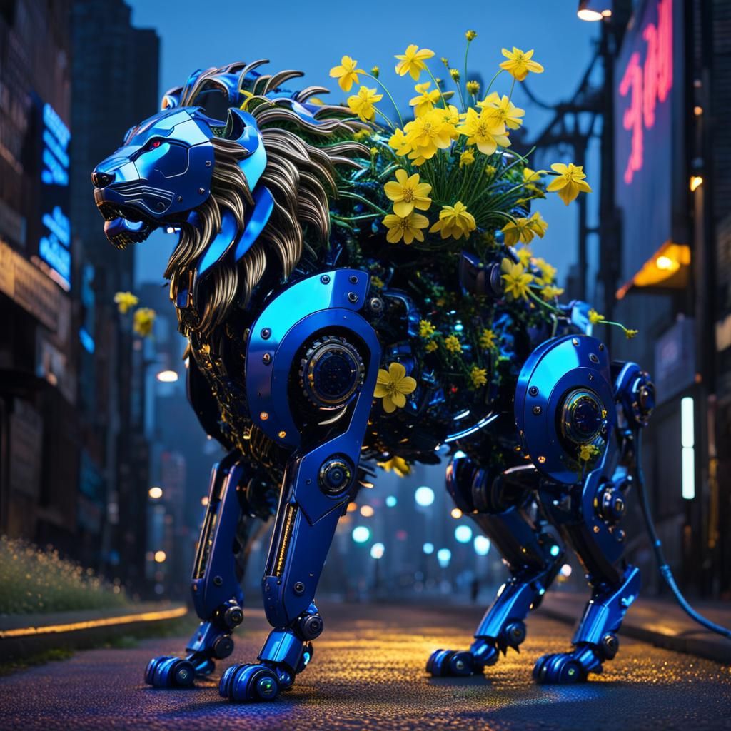 Cyberpunk Robot Lion Sculpture with Metallic Flowers