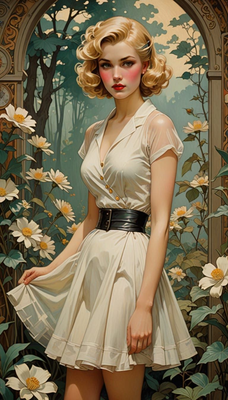 Pin Up Woman in Gauze Dress, Atmospheric Oil Painting