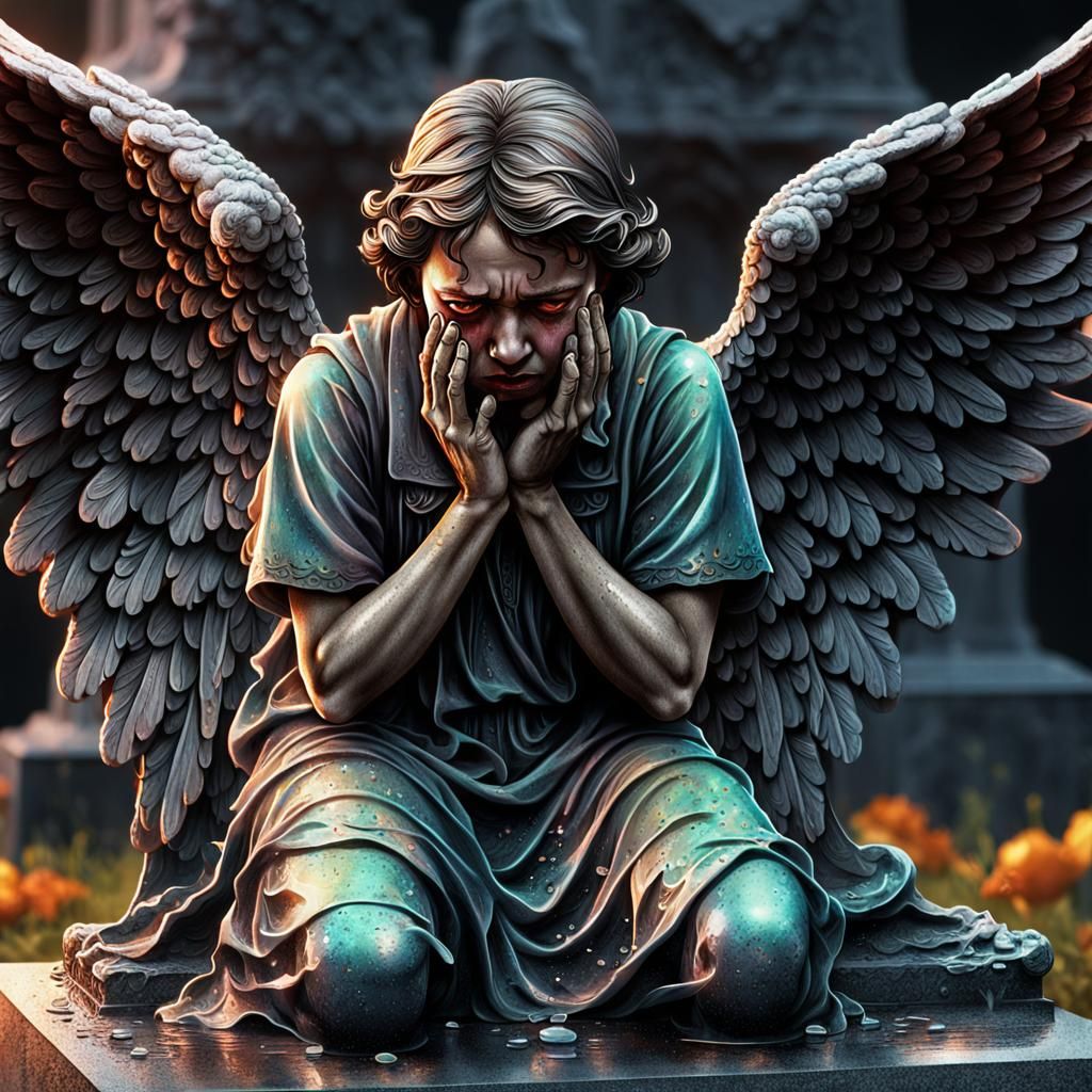 Winged Angel Mourns at Tombstone: Hyperrealistic Splash Art