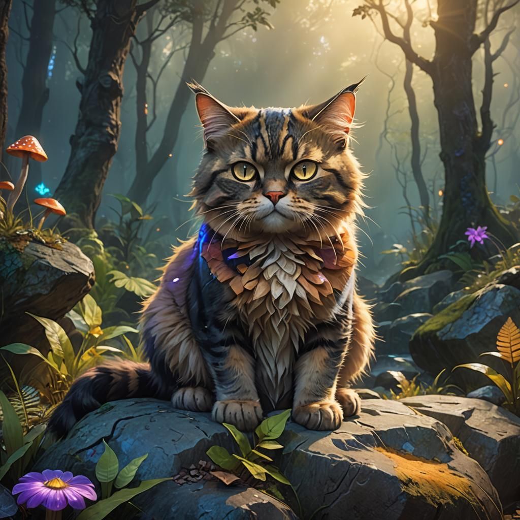 Grumpy Kitty Cat in Mystical Forest: Digital Art