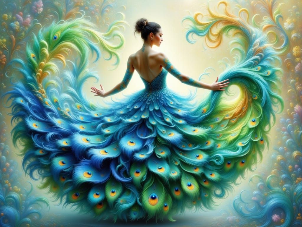 Surreal Female Dancer Transforms into Majestic Peacock