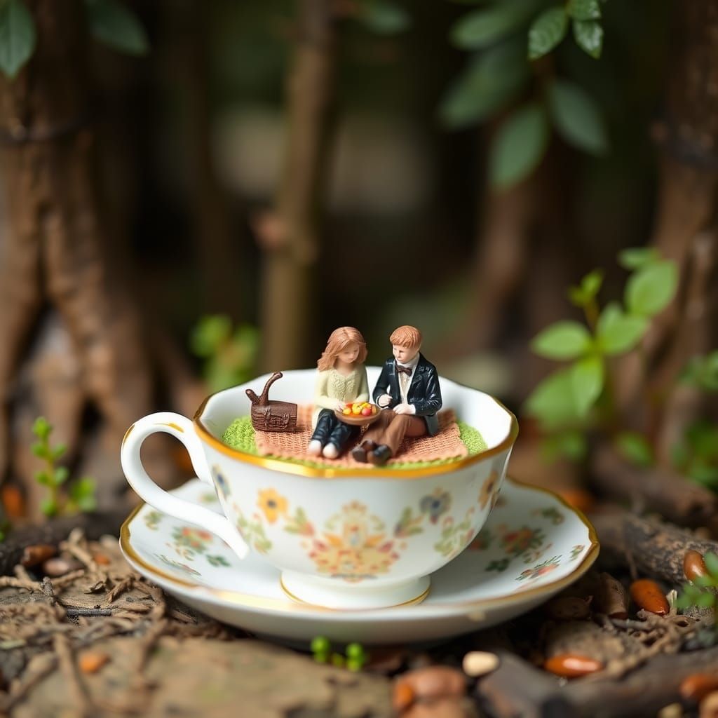 Romantic Scene in a Teacup among Whimsical Forest
