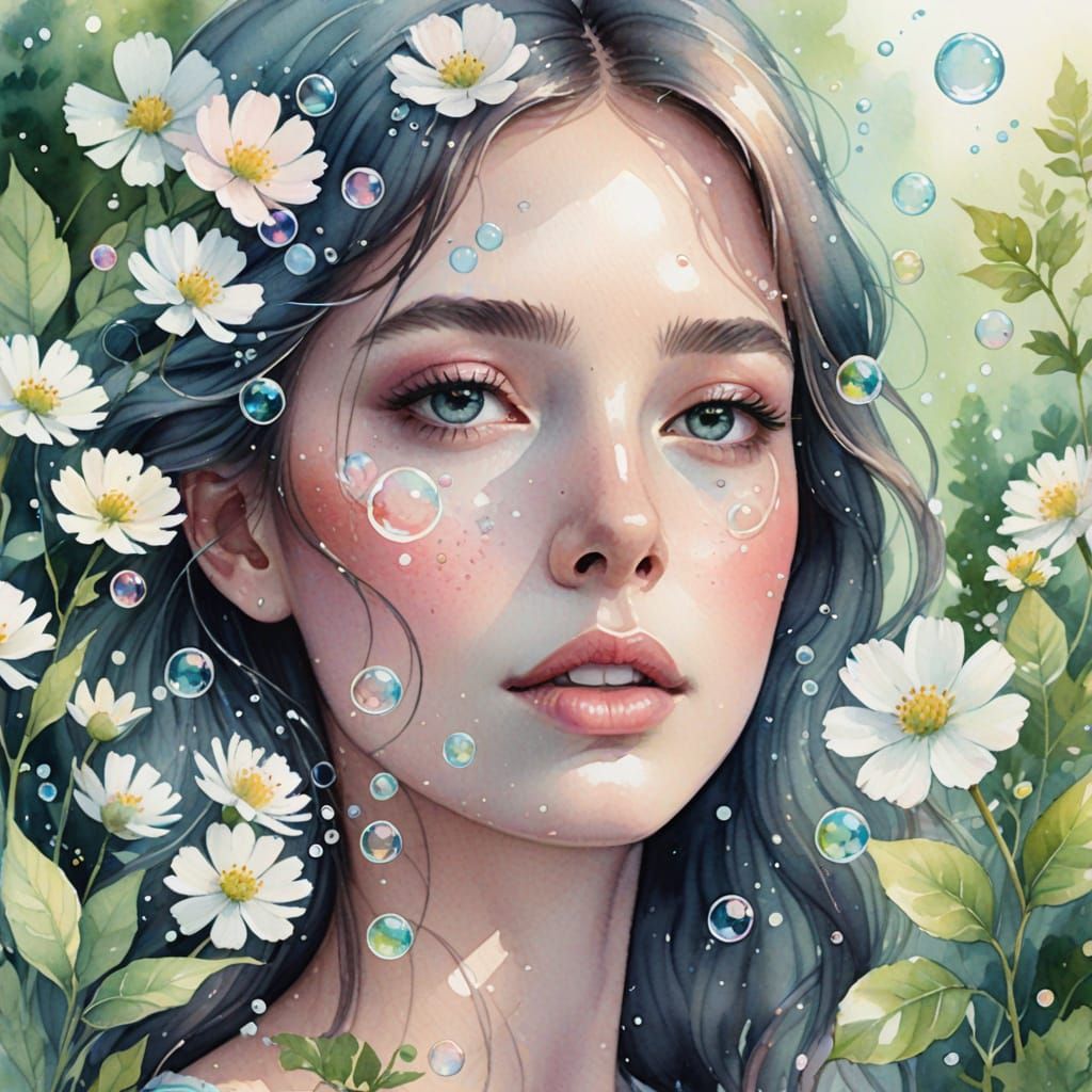 Dreamy Watercolor Bubbles in Whimsical Garden Scene