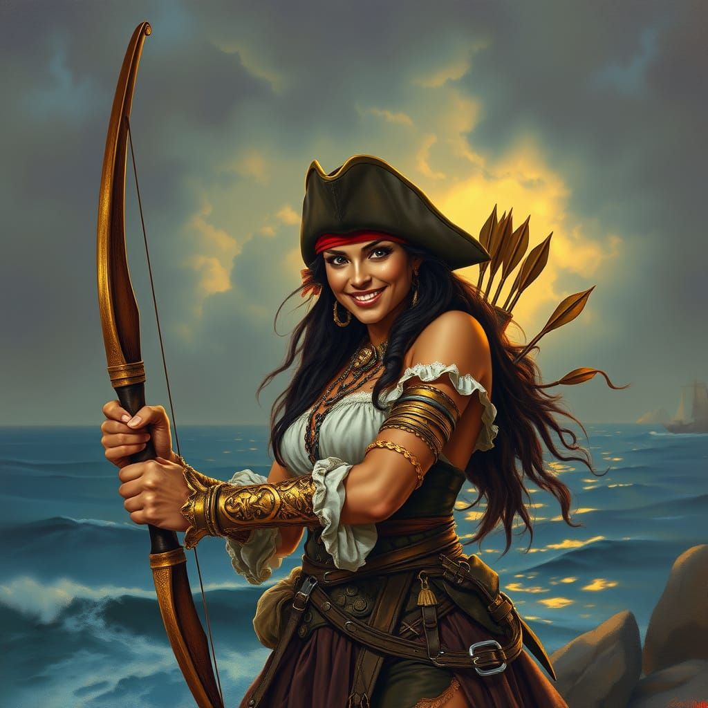 Pirate Lady in Golden Armor, Caribbean Seascape