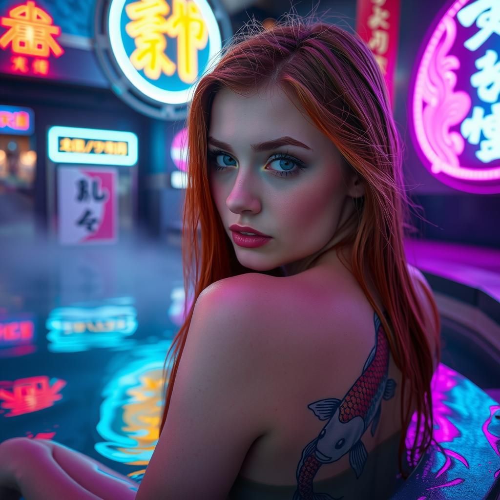 Cyberpunk Woman with Koi Tattoo in Neon Light