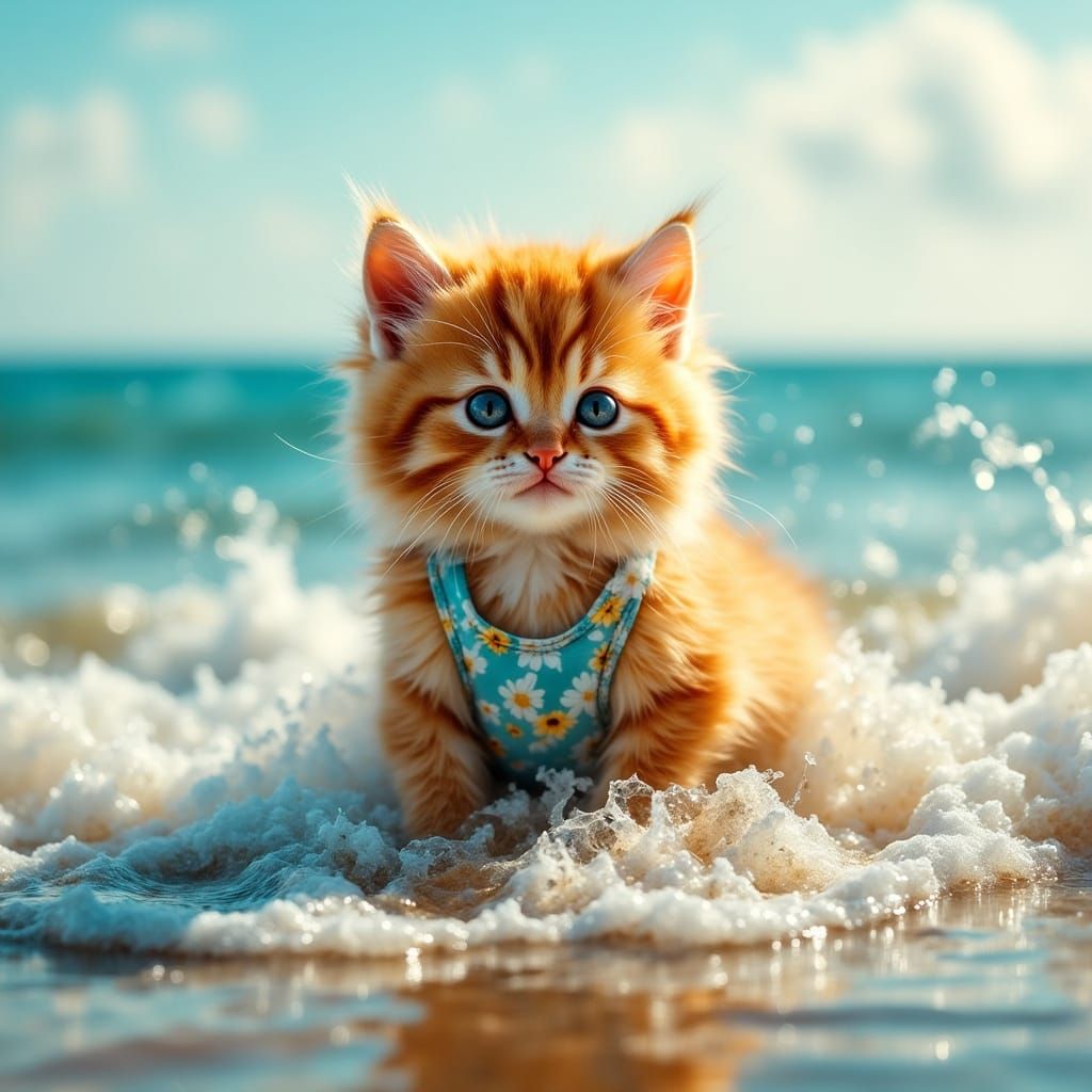 Kitten in Bathing Suit at Beach