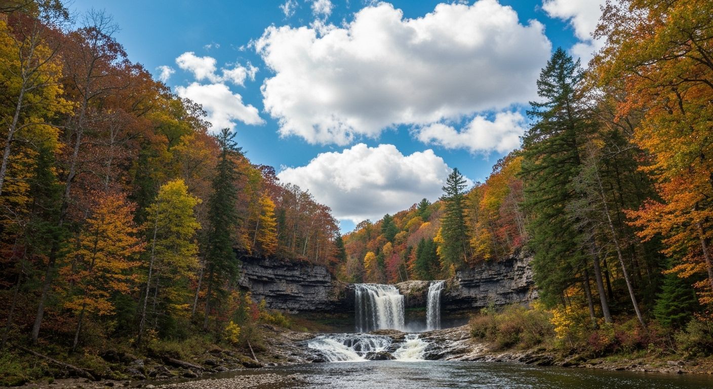 Autumn Forest Valley River with Cascading Waterfalls