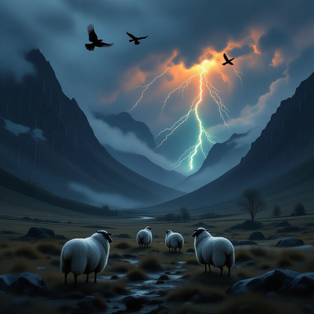 Ominous Valley: Sheep and Ravens in Lightning Storm