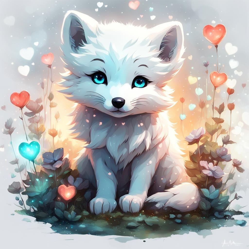 Chibi Arctic Fox Cub in Enchanted Bioluminescent Garden