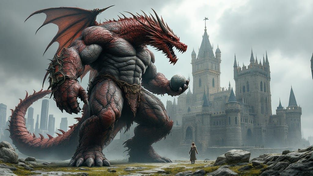 Colossal Stone Giant Holds Scaled Dragon Over Medieval Castl...
