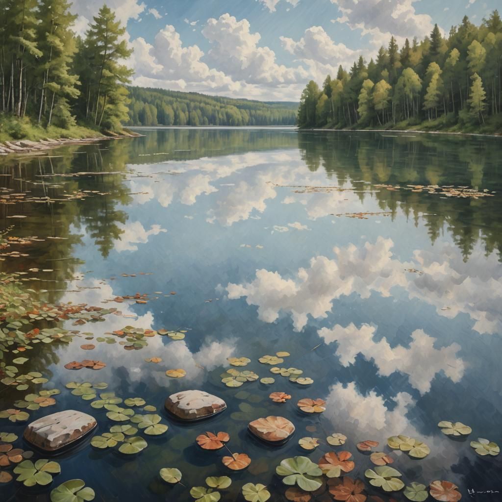 Serene Lake with Ripples and Soft Clouds