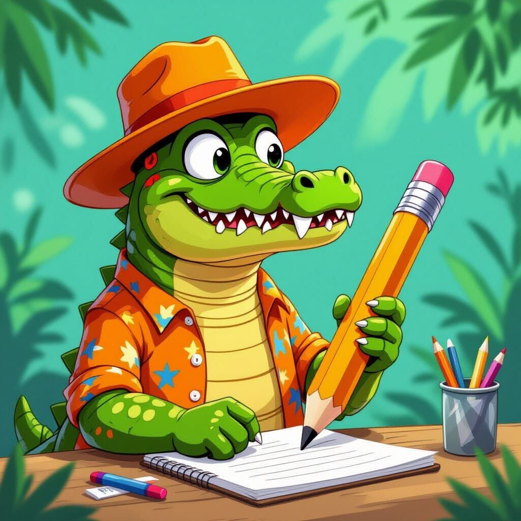 Cartoon Crocodile Scribbling with Pencil in Whimsical Style