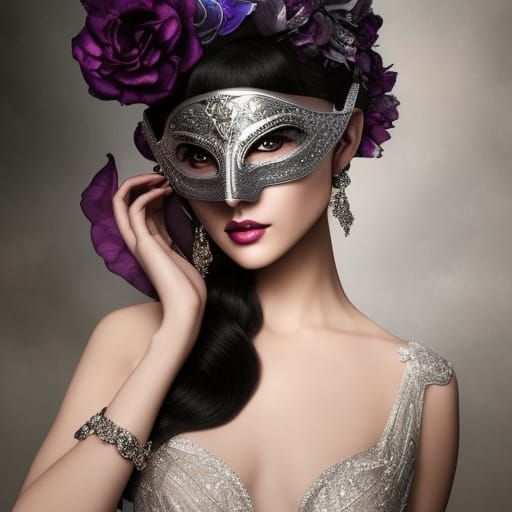 Silver Masquerade Mask Portrait in Floral Fantasy Style