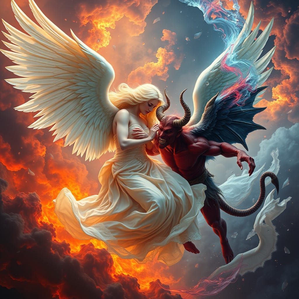 Cyberpunk Archangel vs. Hellish Demon in Cosmic Struggle