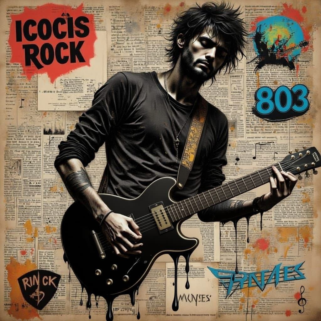 A powerful mixed-media collage celebrating the greatest rock...