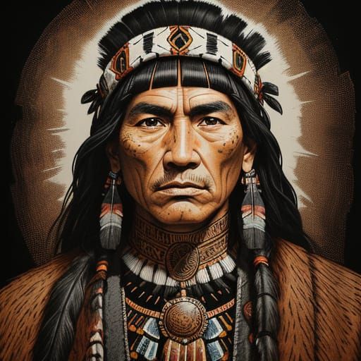 Native American Warrior in Intricate Scratchboard Art