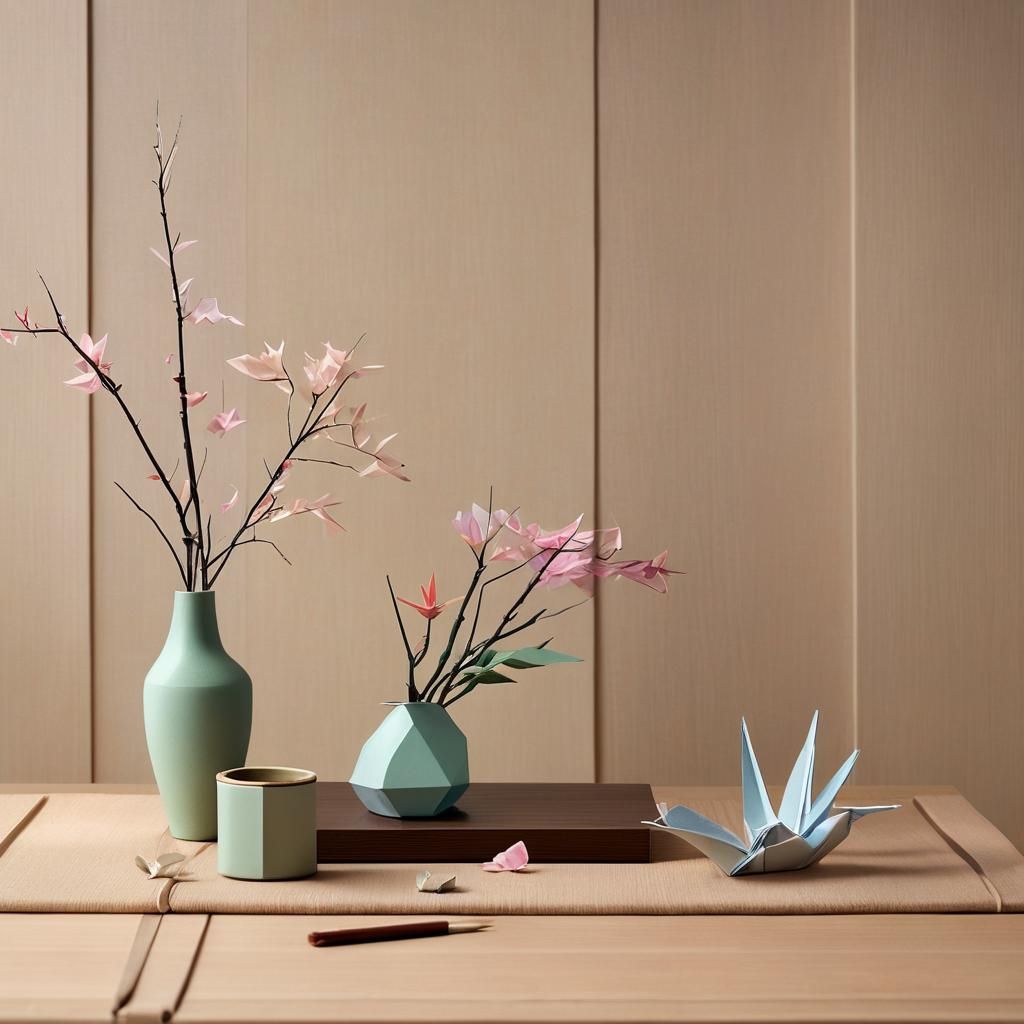 Serene Ikebana and Origami Still Life in Japanese Room