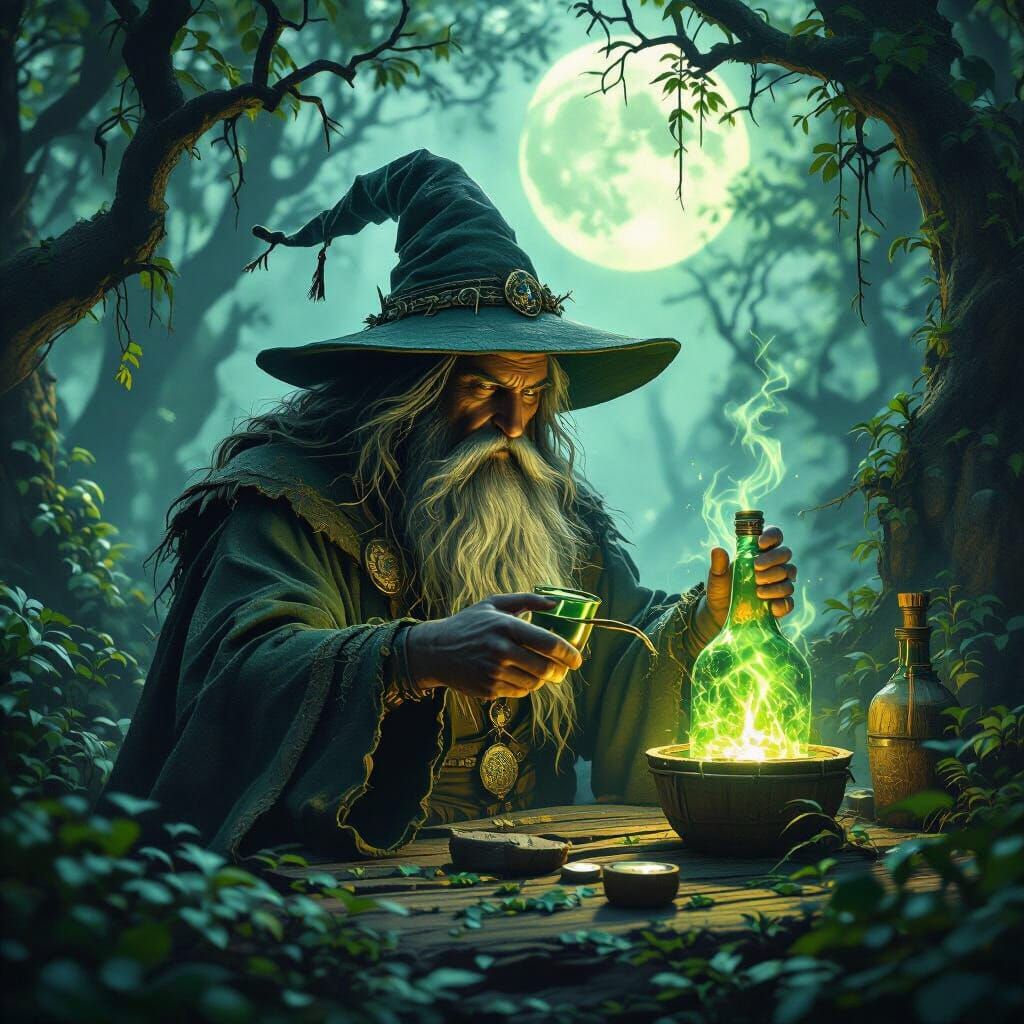 Druids Crafting Magical Moonshine in Enchanted Forest