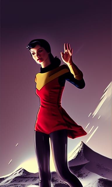 Artgerm, WLOP, realistic, Greg Rutkowski; Snow White in Star Trek, 60s fashion, windblown sparkes, love, Vulcan princess...