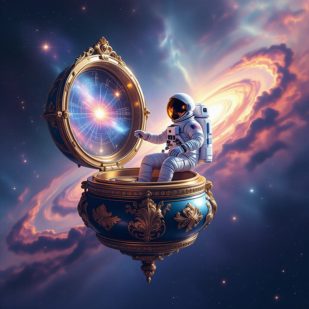 Astronaut and Cosmic Music Box in Space